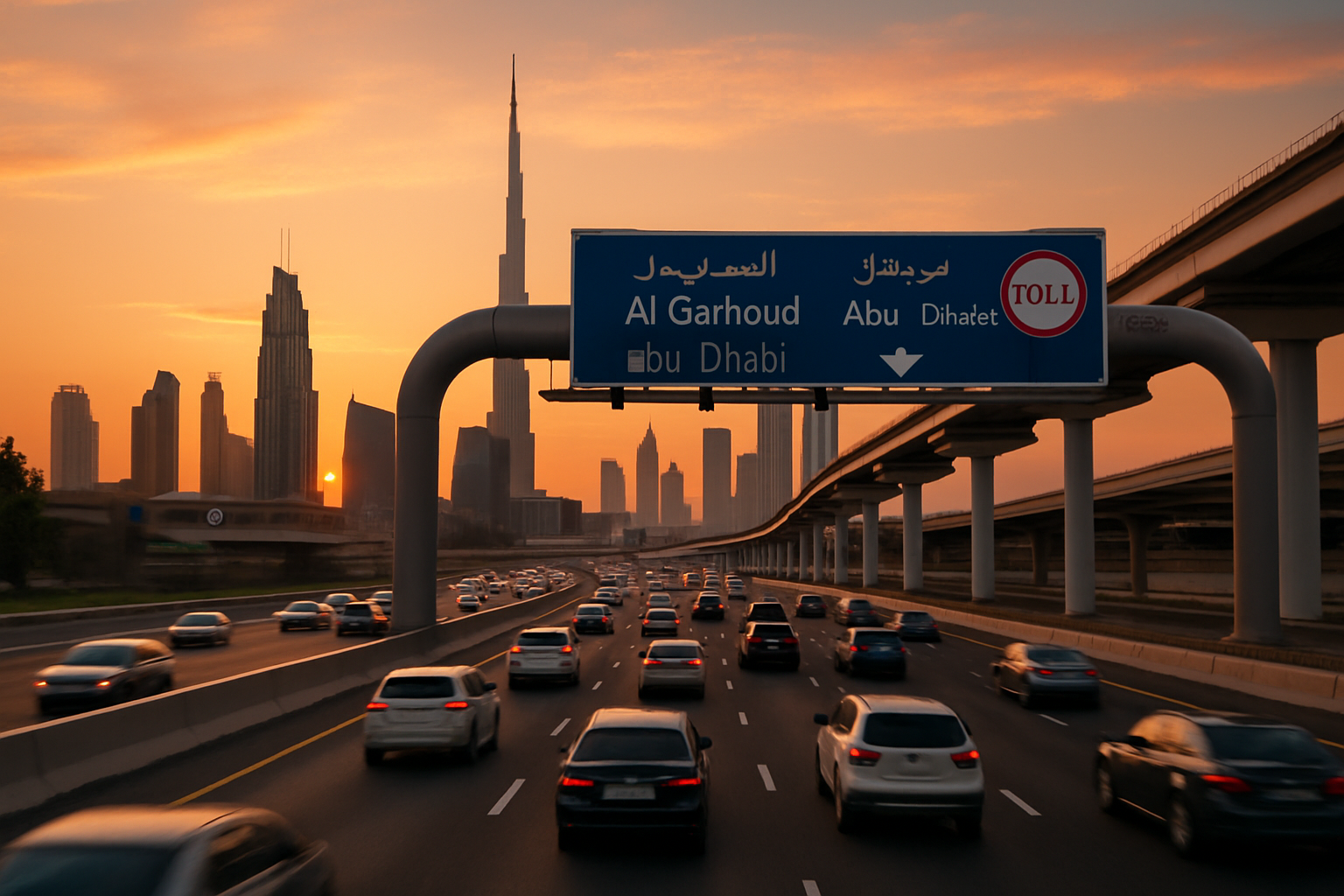 Efficient traffic flow on a Dubai toll road at sunset