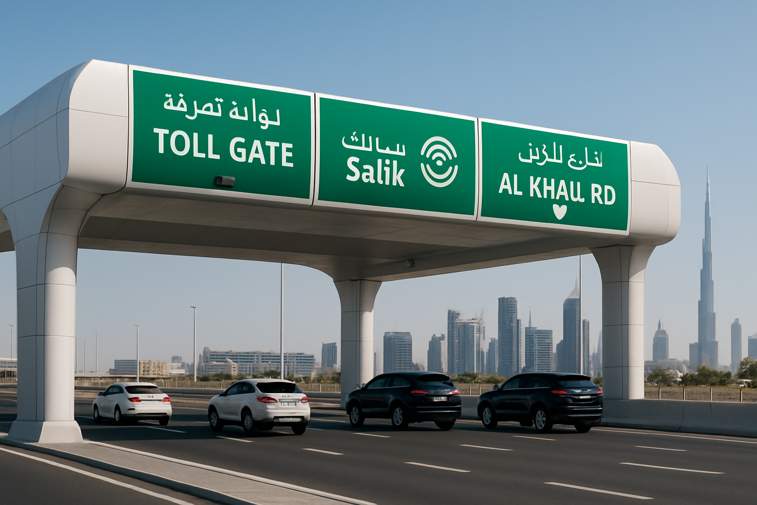 Modern toll gate on a Dubai highway with clear signage